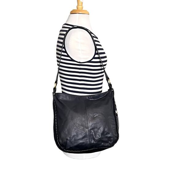 Hobo Handbags - HOBO Bianka Black Leather Hobo Bag Whipstitch Trim Tassel Shoulder Purse Large